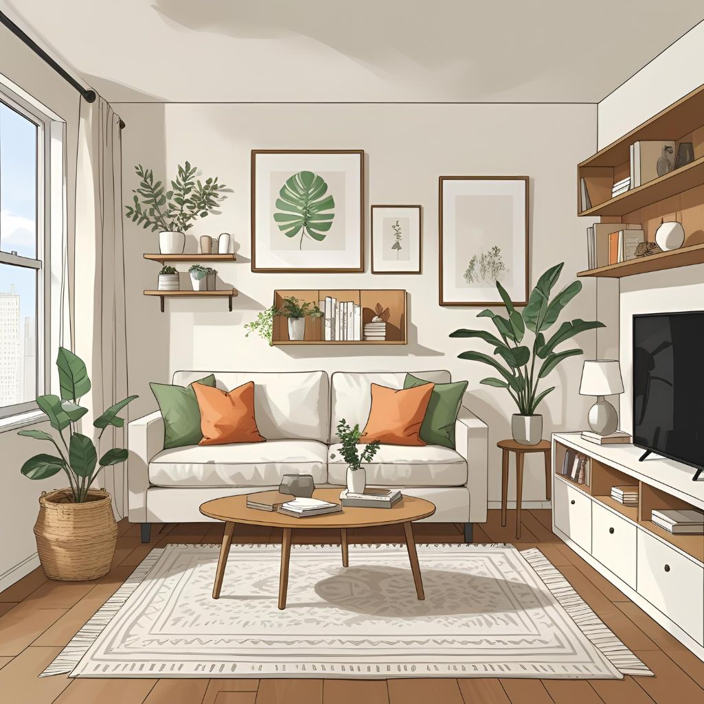 Show Tall Shelving Units With Integrated Lighting In A Modern Livingroom. Include Warm LED Strips Highlighting Decor Books And Art Pieces. The Shelves Should Reach The Ceiling Maximizing Vertic 1