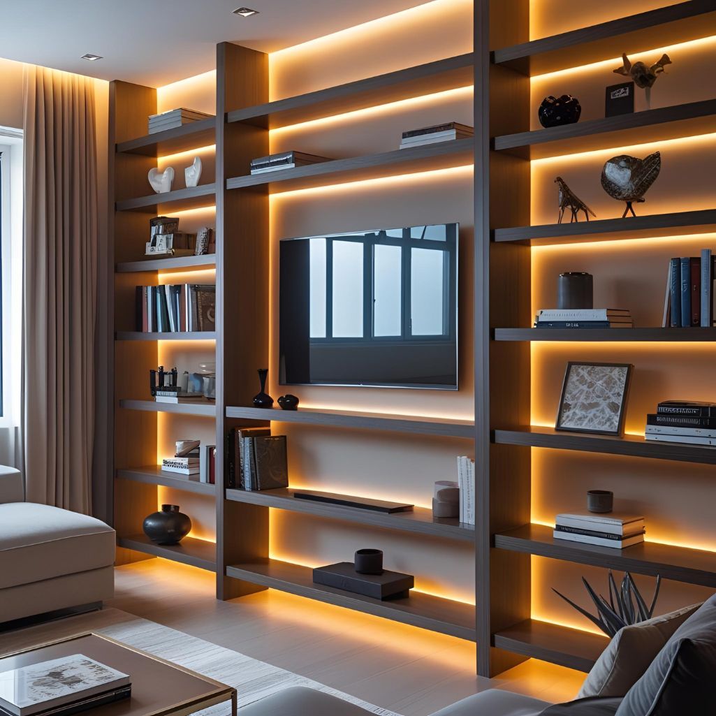 Show Tall Shelving Units With Integrated Lighting In A Modern Livingroom. Include Warm LED Strips Highlighting Decor Books And Art Pieces. The Shelves Should Reach The Ceiling Maximizing Vertic