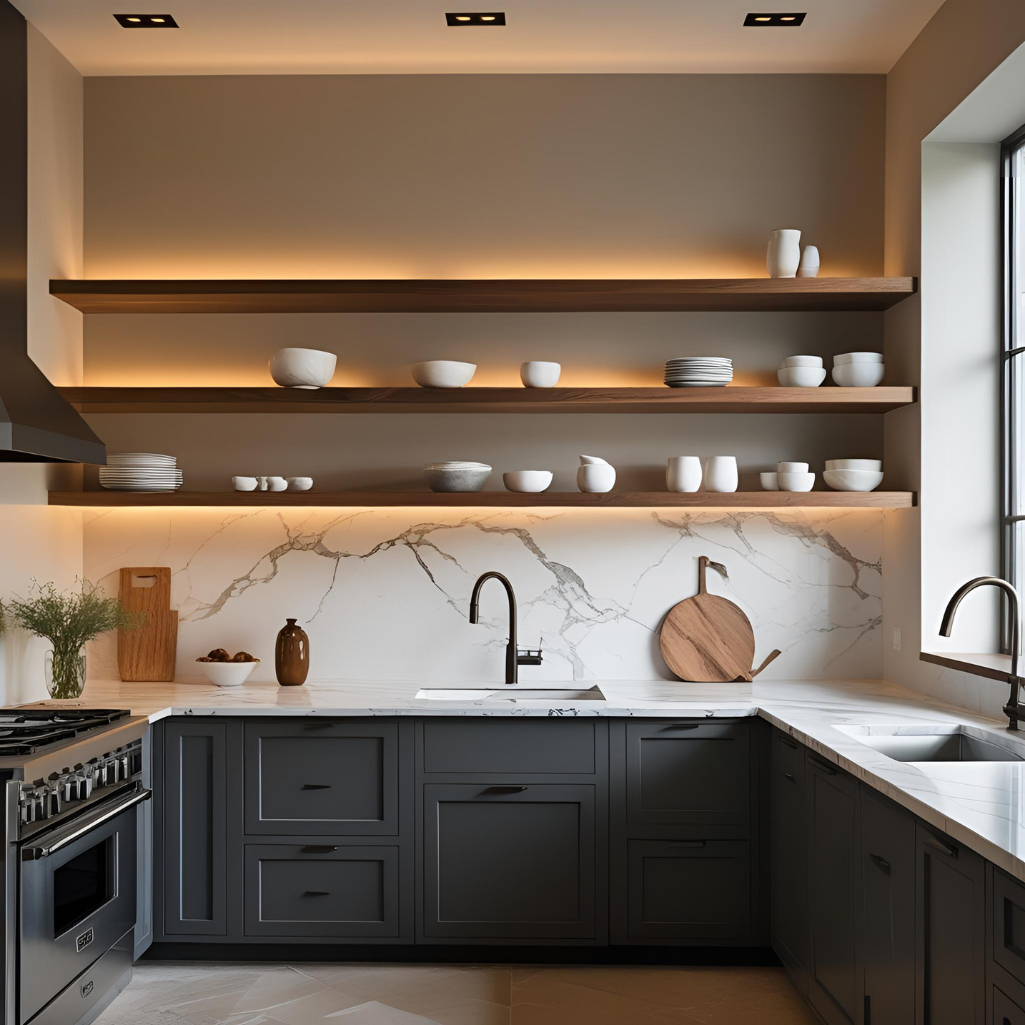 Show Tall Shelving Units With Integrated Lighting In A Modern Livingroom. Include Warm LED Strips Highlighting Decor Books And Art Pieces. The Shelves Should Reach The Ceiling Maximizing Vertic 5